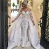 Lindo sereia vestidos de casamento com trem destacável fora do ombro renda vestido de noiva vestidos sem costas dubai vestidos de casamento plus size