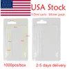 USA Stock Vape Cartouche Emballage Blister Pack Cas 1ml 0.8ml Chariots Clear Hanger Atomiseurs Paquet En Plastique Clam Shell Logo Personnalisé Cartes E Cigarettes 1000pcs une boîte