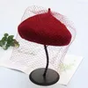 Berets Handmade Hat Elegant Mesh Net Veil Cosplay Vintage Women Girl Faux Wool Artist Painter Beanie Cap