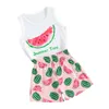 Set di abbigliamento Pantaloncini da bambina per bambina Set senza maniche Girocollo Lettere Stampa Canotta e fiore Anguria Abito estivo in 2 pezzi