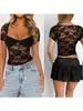 Women's T Shirts Women S Lace Crop Tops Short Sleeve Sweetheart Neck See-Through T-Shirts Fashion Summer