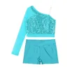 Stage Wear Enfants Filles Danse Costume Outfit Sparkly Paillettes Top Sheer Mesh Une épaule Crop avec V-Front Ceinture Shorts