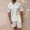 2024 verão novo masculino casual branco oco manga curta único peito camisa de duas peças conjunto para homem 240221