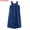 Casual Dresses Women Solid ärmlös Pullover V-Neck Denim Tank Top Loose Overized Spaghetti Rem Ankel-längd Streetwear A-Line Dress