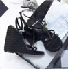 2024デザイナーCassandra Sandals Women Wedge Espadrilles Black Patent Leather 10.5 cm高さ調整可能なバックルウェディングドレスシューズ35-41ボックス付き
