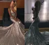 Fantastisk Sparkle Silver-paljetter Mermaid Prom Dresses Sexig Deep V-ringar rygglösa långa aftonklänningar med spaghettirem Vestidos