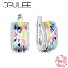 Boucle d'oreille arrière en argent pour femmes, peinture artistique colorée, émail scintillant fait à la main, Clip en Cz, cadeau de mariage, bijoux fins européens