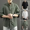 Mens Casual Shirt Stand Up Collar 3/4 ärmar Löst Cardigan Street kläder Plus Size Mens skjorta Office Wear Summer Clothing 240221