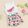 Set di abbigliamento Pantaloncini da bambina per bambina Set senza maniche Girocollo Lettere Stampa Canotta e fiore Anguria Abito estivo in 2 pezzi