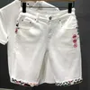 Men's Shorts Summer New Denim Shorts Mens Sewing Embroidery Tear Knee Length Shorts White Retro Blue High Quality Jeans J240221