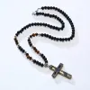 Colliers pour hommes en acier inoxydable Bible notre père croix pendentif avec perles de lave oeil de tigre pierre chapelets collier religion bijoux