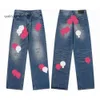 24Ss Nuovi jeans da uomo Designer Crea vecchi pantaloni dritti cromati lavati Stampe con lettere a cuore Cuori stile lungo Cuori cromati viola Pantaloni con cuori cromati 293