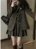 Two Piece Dress Insozkdg Autumn Winter Korean Plaid Blazer Sets College Style Woolen Coat High Waist Pleated Skirt Two-piece Women Suits