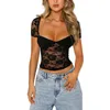 Women's T Shirts Women S Lace Crop Tops Short Sleeve Sweetheart Neck See-Through T-Shirts Fashion Summer