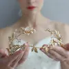Charms Gold Color Leaf Floral Wedding Tiara Hair Crown Crown Rhingestone Accessoires Handmade Bridal Bandband Women Party Phite