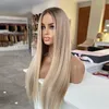 Perruque Lace Front Wig synthétique lisse blond cendré 13x4, perruque Lace Front Wig sans colle à reflets bruns pour femmes