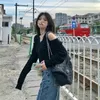 Malhas femininas 2024 moda coreana mulheres v-pescoço de malha jumper doce sexy fora do ombro manga longa colheita top outono preto oversized cardigan