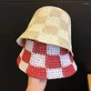 Berets Designer Marke Grün Checand-gewebte Strohhüte Für Frauen Koreanische Sommer Reise Fischer Hut Mode Schatten Eimer Becken kappe Casual