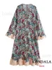 Podstawowe sukienki swobodne Kondala Vintage Flower Print V Szyja luźna długa sukienka Kobiet Rękawki płatkowe mody 2023 sukienka boho eleganckie vestidos t240221