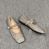 Sandálias femininas plana strass lantejoulas sapatos de balé 2024 primavera macio dedo do pé quadrado único sapato casamento apartamentos confortáveis mary