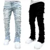 Jeans de créateurs pour hommes Vêtements de rue Jean décontracté Coupe régulière Patch empilé Pantalon en denim droit détruit en détresse