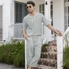 Summer cotton linen shirt set mens casual outdoor 2-piece set and family clothing pajamas comfortable and breathable beach short sleeved set 240221