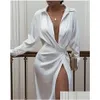 Robes décontractées de base Robes décontractées Satin Soie Y Robe à manches longues Party Femmes Night Club Doux Automne Solide Split Turn Down Designe Otm8V