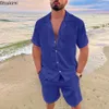 Nuovo 2024 Uomo Estate Cotone Lino Set Solido maniche corte Polo Collo Camicia e Pantaloncini Set Uomo Hawaiian Beach Holiday Abbigliamento Set 240221