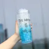 Tasse de glace cassée en paille d'été, tasse en plastique avec lettres de personnalité, créative, dégradé de couleur, transparente, couvercle poussoir, cadeau