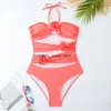 Traje de baño para mujer 2023 Flor Traje de baño de una pieza con falda de playa Recorte V Cuello Traje de baño Use Body de pierna alta Monokini FemeninoH24221