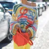 Kvinnors tröjor överdimensionerade stickade regnbågen Kvinnor Fashion Stripes Kontrast Rund nacke Pullover Tröja Casual Loose Cute Jumper Y2K Top 231012