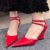 Dress Shoes 2024 Female Wedges Pumps Footwear For Women Heeled In Pointed Toe Fashion Ankle Buckle Strap Ladies Heels Red