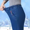 Kvinnors jeans vinter sammet fodrad baggy raka byxor mamma plysch elastisk hög midja pantaloner vintage varm tjock denim broek e163