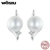 Ohrringe WOSTU Solide 925 Sterling Silber Natürliche Runde Perle Ohrstecker Für Frauen Party Hochzeit Einfache Ohr Schnallen Mode Geschenk