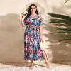 Etnik kıyafet artı kadınlar çiçek baskı şifon kısa kollu maxi elbise bohemian kaftan tatil partisi sundress dubai abaya hindi