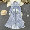 Spring and autumn vintage palace style temperament ruffled V-neck single-breasted lantern sleeve waist A printed dress female S M L XL 2XL