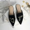 Slippers Women Fashion 3d Embroidery Mules Fur Slippers Velvet Shoes Ladies Low Heel Love Decoration Sandals Womens Flip Flops 41 Size Q240221