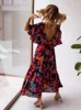 Partykleider Flordevida Blumenbedrucktes Kleid Frauen V-Ausschnitt Flare Sleeve Sommerurlaub Maxi Bohemian Boho Beach