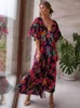 Partykleider Flordevida Blumenbedrucktes Kleid Frauen V-Ausschnitt Flare Sleeve Sommerurlaub Maxi Bohemian Boho Beach