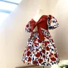 Flickaklänningar Bear Leader Summer Dress Outfits 2024 Girls Floral Princess Backless Tie Bow Puff Sleeve Fashion för 3-11 Y