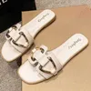 Slippers Women Metal Decor Single Band Flat Sandals Fashion Sexy Open Toe Outdoors Slides Luxurious Office Ladies Party Female Shoes Q240221