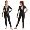 Stage Wear Enfants Filles Gymnastique Unitard Justaucorps À Manches Longues Keyhole Back Mesh Patchwork Figure Patinage Sur Glace Performance Costume Combinaison