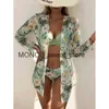 Kvinnors badkläder Floral låg midja Bikini Set Cover Up Swimsuit For Women Push Long Sleeve Three Pieces Beach Bathing Suitsh24221