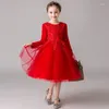 Robes de fille élégante princesse robe en dentelle enfants fleur broderie pour filles Vintage enfants vêtements fête de noël robe de bal rouge