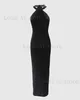 基本的なカジュアルドレスエレガントなレディースドレス2022夏のファッションラインストーン装飾ホルターセクシーなハイスリットプレーンノースリーブマキシスキニーパーティードレスT240221