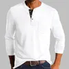 Printemps automne tendance t-shirt hommes élégant mode bouton demi-col ouvert couleur unie à manches longues poche t-shirts 240219