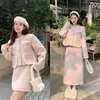 Vestido de duas peças unxx outono inverno combinando rosa minimalista conjunto mulheres elegante peludo jaqueta curta midi saia 2 peças feminino escritório senhora menina