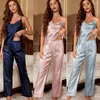 Vêtements de nuit pour femmes Été Femme Jarretelles Pyjamas Pantalon Costumes Soyeux Satin Pijamas Ensemble Lâche Casual Femmes Vêtements De Maison Loungewear