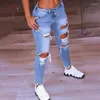 Jeans femininos luz azul rasgado para mulheres 2024 estilo de rua sexy baixo aumento angustiado calças estiramento magro buraco denim lápis calças