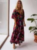 Partykleider Flordevida Blumenbedrucktes Kleid Frauen V-Ausschnitt Flare Sleeve Sommerurlaub Maxi Bohemian Boho Beach